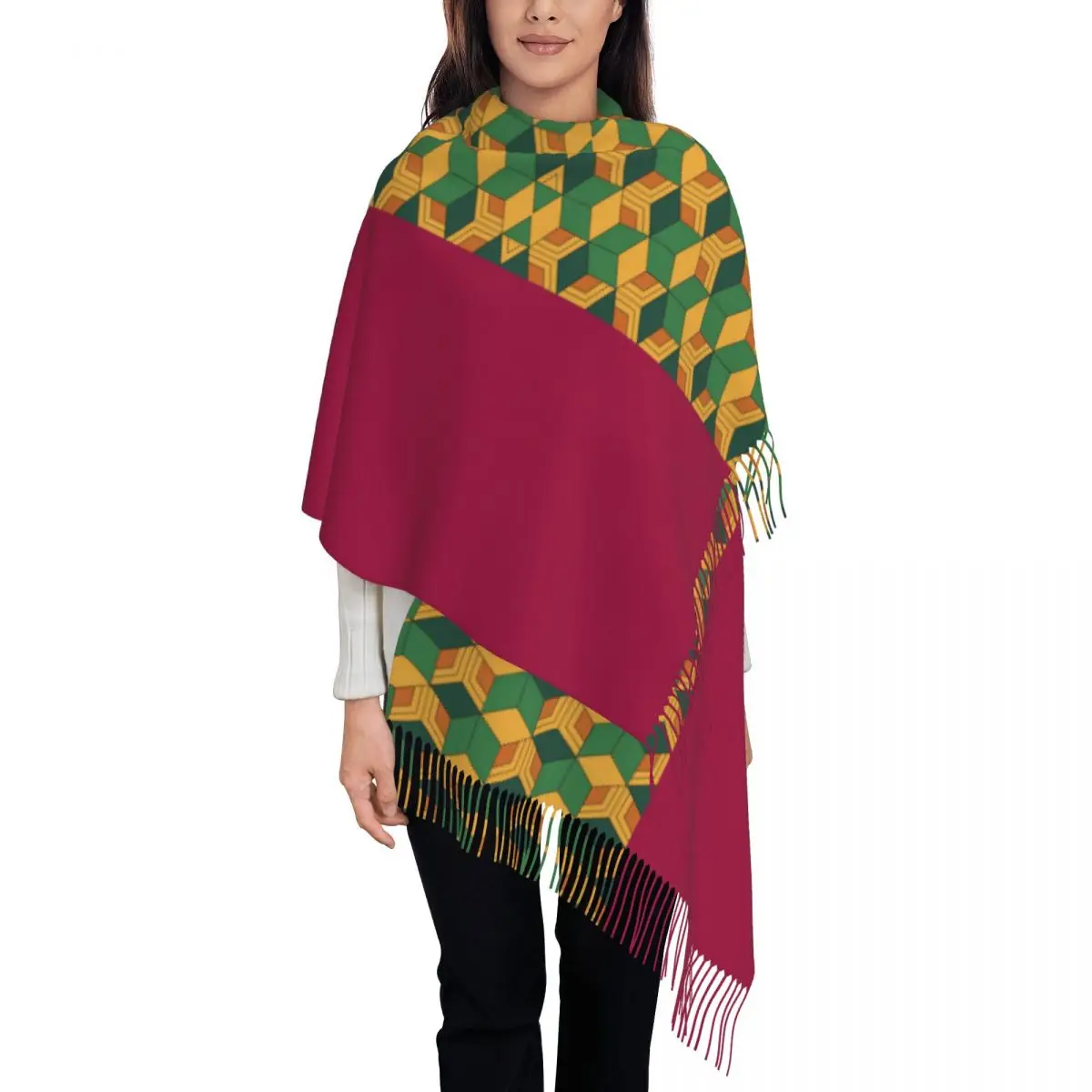 

Женский шарф с кисточкой Demon Slayer, большая зимне-осенняя шаль и накидка Kimetsu No Yaiba, подарки японского аниме, кашемировый шарф