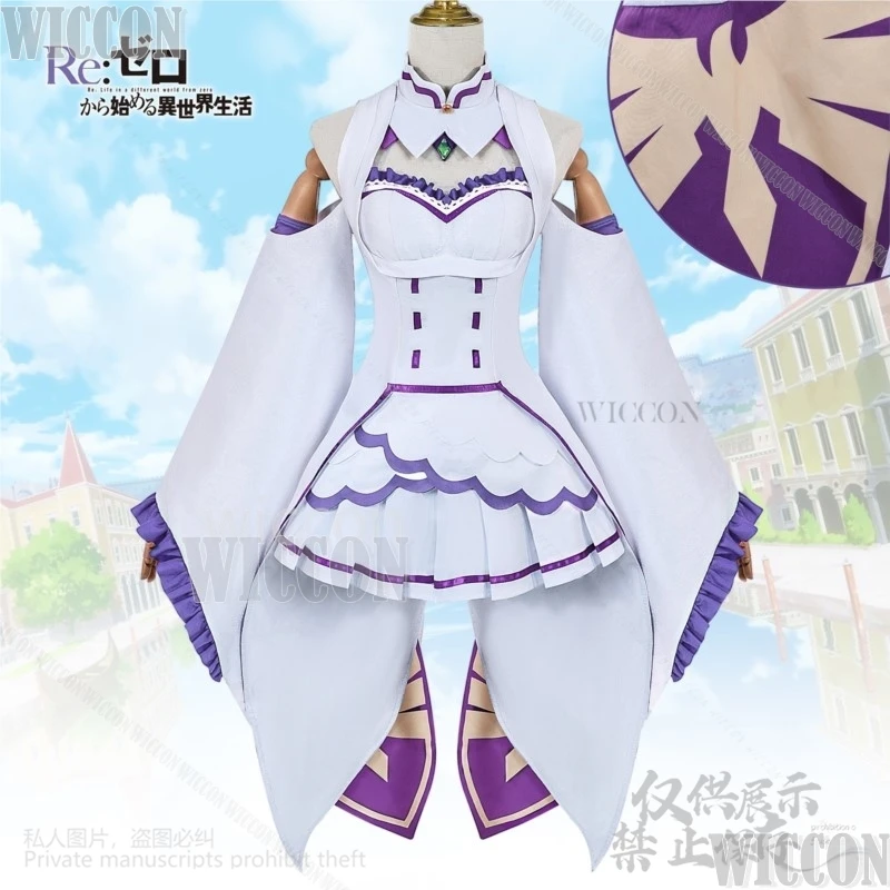 Emilia Anime Re Life en un mundo diferente de Zero disfraz de Cosplay vestido blanco peluca Lolita Prop niñas mujer Halloween personalizado