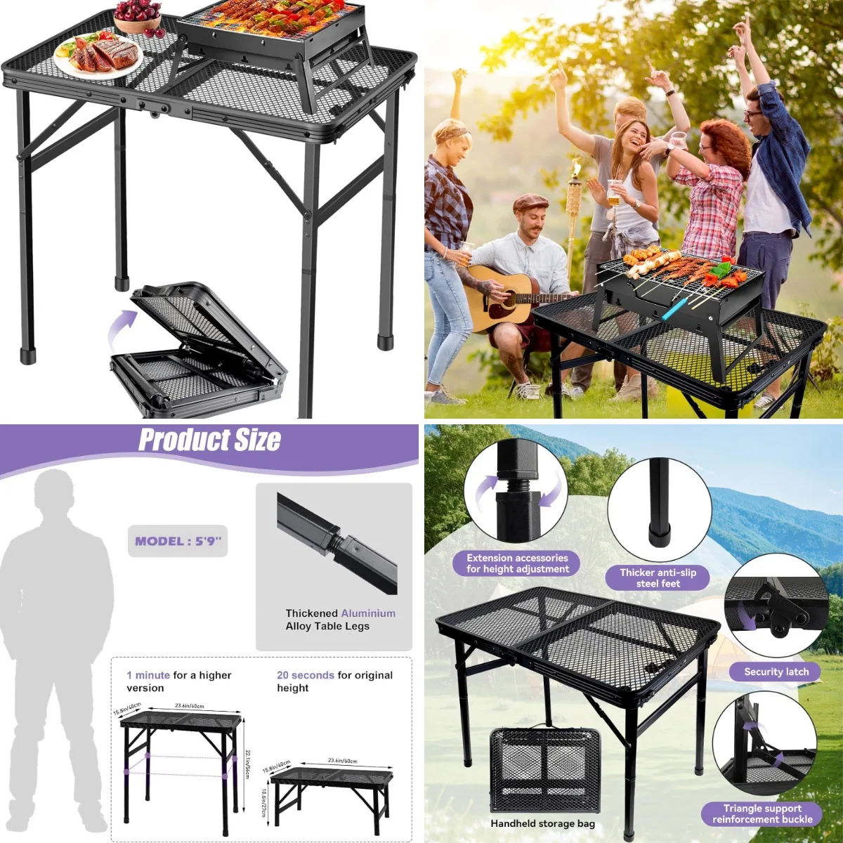 

Camping Table Folding Grill Table, Small Foldable Table Height Adjustable, Portable Metal Picnic Table for Outdoor, Black, 2x1.3