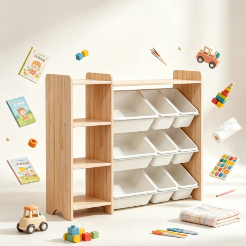 Wood & Plastic  Storage Unit – 3 Shelves + 9 Pull-Out Bins, Organizer for, Playroom, Classroom