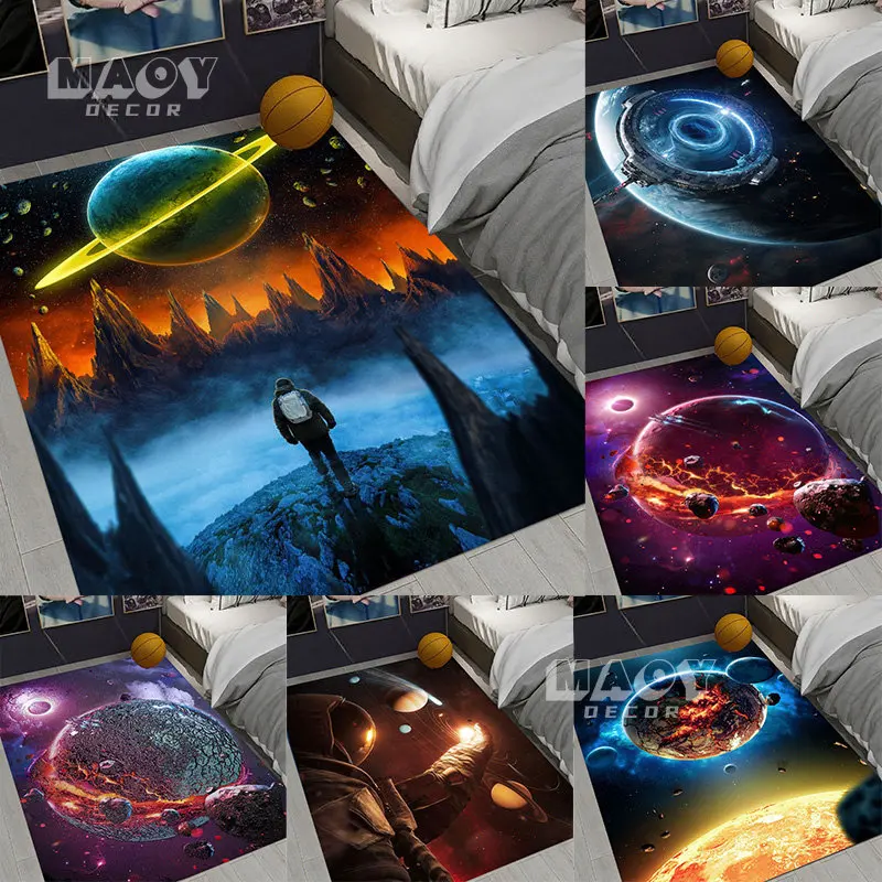 3D Planet Space Universe Flannel Carpet Soft Kids Play Mat Boys Girl Room Anti-slip Bedroom Bedside Floor Rug Area Hallway Mats