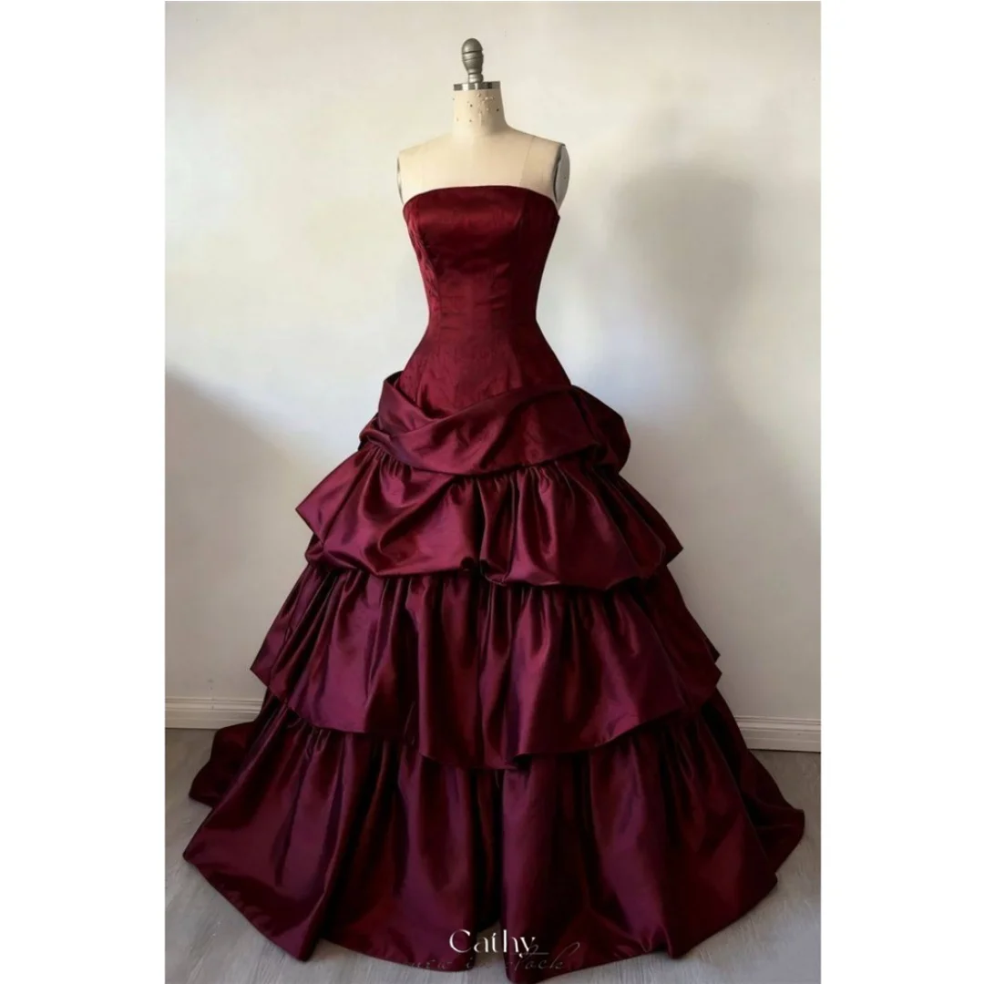Cathy Customized Burgundy Strapless Ball Gown Prom Dress Tiered Ruffle Satin vestidos de noche Floor-Length Evening Dresses 2026