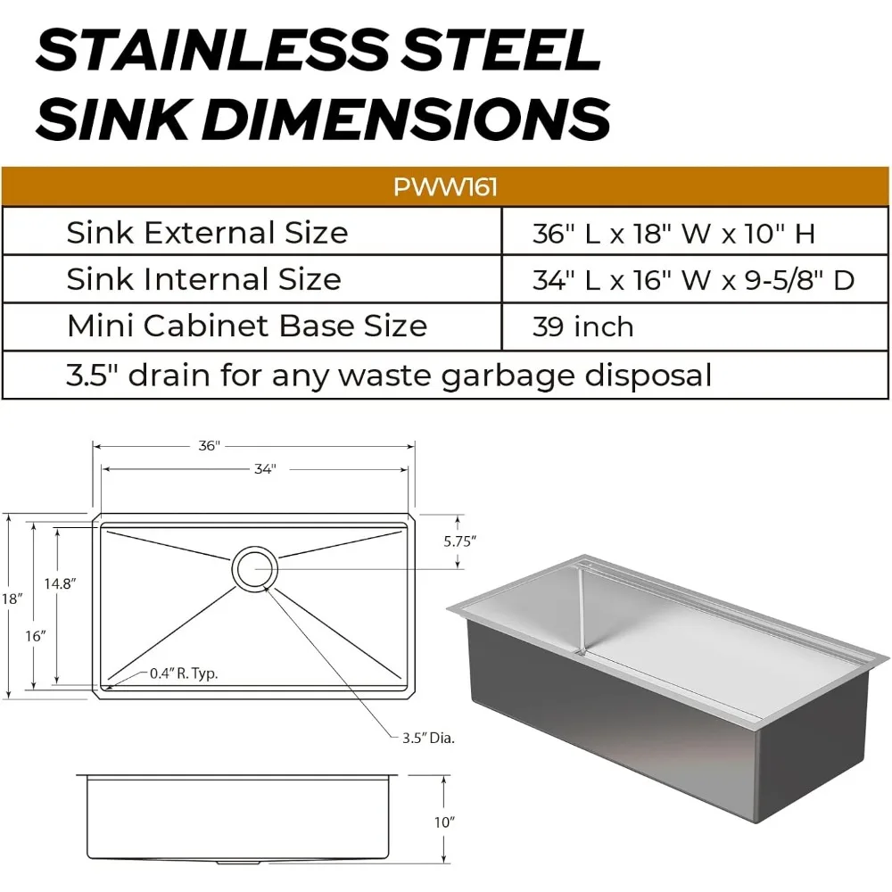 36 inch Workstation Kitchen Sink,TECASA Undermount Deep Single Bowl, 16 Gauge Stainless Steel with Integrated Ledge