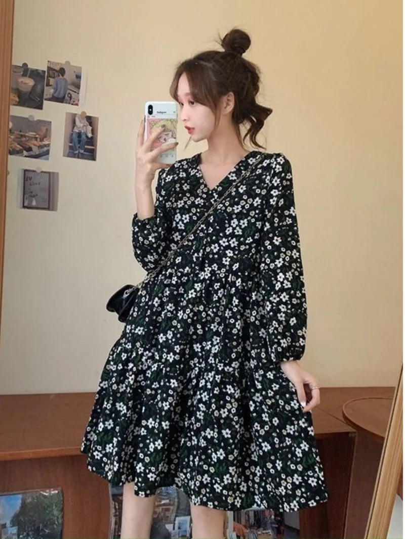 

Spring Autumn New French Retro Korean East Gate Small and Fashionable High Waist Slim Long Sleeve Fragmented Flower Dress N5KB