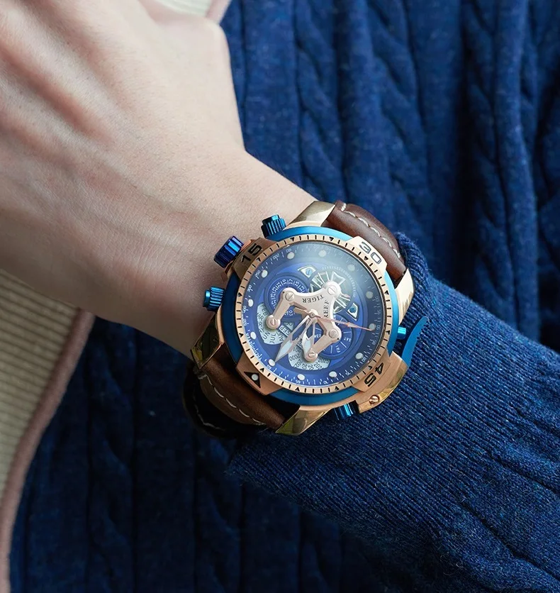 ساعة ميكانيكية للرجال من ريفتايجر، أوتوماتيكية بالكامل متعددة الوظائف بتقويم مزدوج، ساعة رجال الأعمال، ساعة رجالية RGA3503