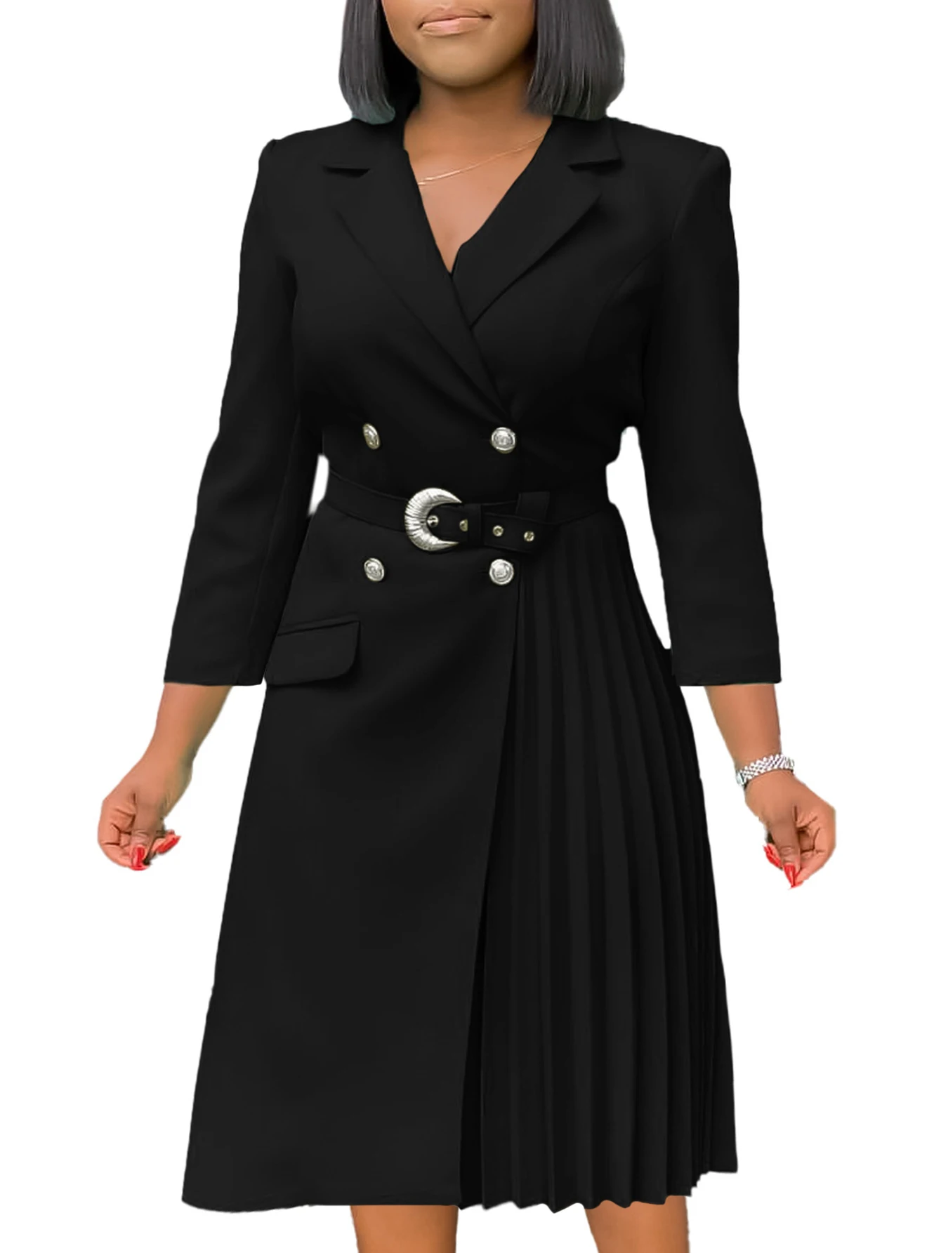 فستان نسائي أنيق للعمل بأزرار أمامية وأكمام طويلة وطية صدر السترة ورباط علوي وحاشية مطوية فستان طويل للمكتب للسيدات للخريف