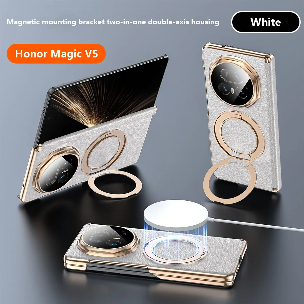 

360° Rotation Bracket Case For Huawei Honor Magic V5 5G Magnetic Folding Dual Hinge Genuine Leather Protective Cover 45405782249