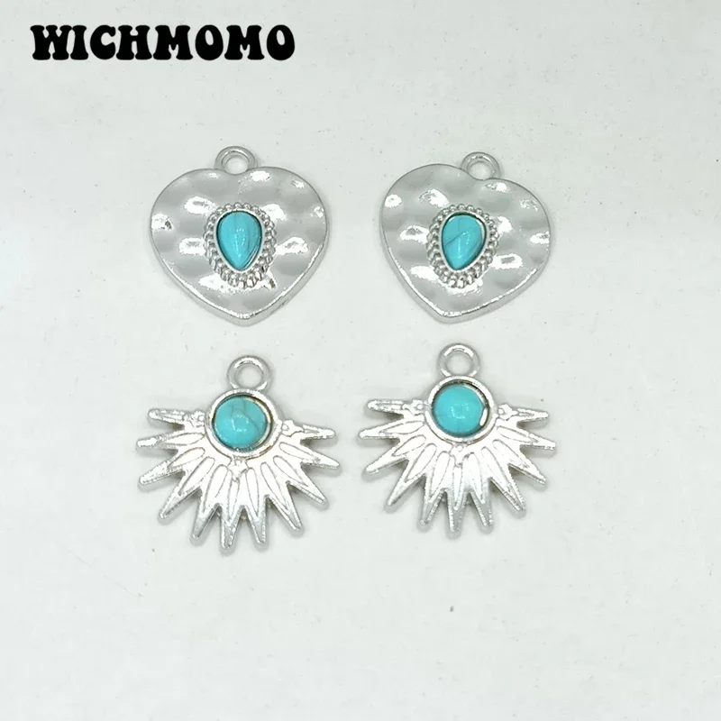 

Новинка, 10 шт./пакет, инкрустированные синими бусинами из цинкового сплава, подвески в форме сердца и веера, подвески для DIY, серьги, ожерелье, ювелирные аксессуары