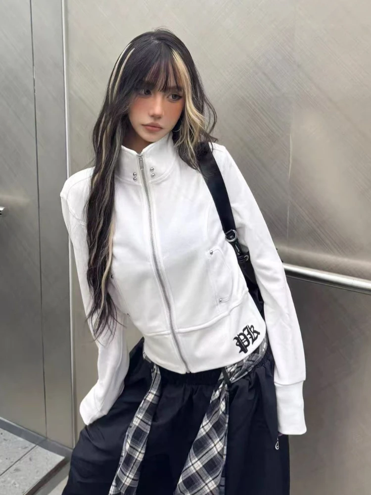 

Subculture Harajuku Vintage Safari Coats with Hooded Women Zipper Sweatshirts Casual Streetwear Grunge Jacket Y2k Stand Neck