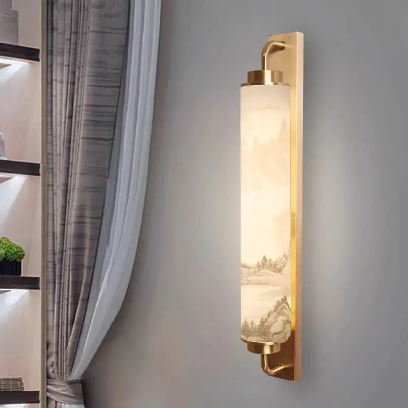 Luxury Long Strip Acrylic Wall Lamp Vintage All Copper LED Light Bedroom Bedside Zen Living Room Background Hallway Wall Sconces