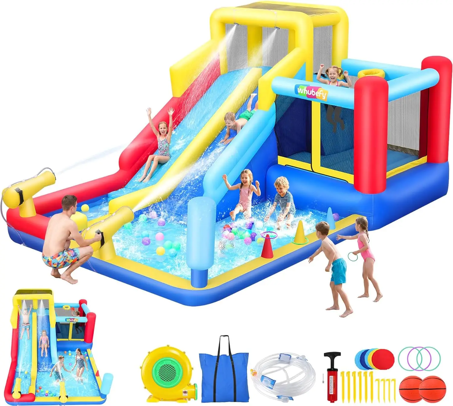 

15-in-1 Inflatable Water Park for Kids Backyard with Double Water Slide and Bounce House, 14x10.4x6.7FT Includes Blower, Ring Toss, Boxing Game, Large Jumping Area, Basketball Hoop, Climbing Wall, Water Cannons, Pools