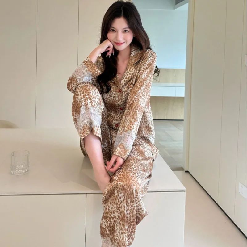 Luxury Leopard Print Women Pajamas 2piece Set 26 Spring Autumn Hollow Double Long Sleeve Pants Causal Nightgown Sleepwear