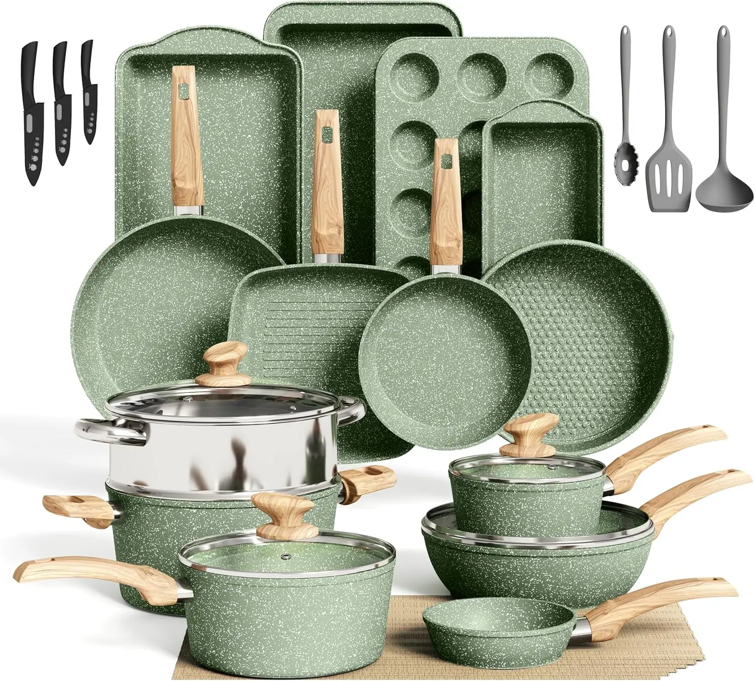 

30 Piece Pots and Pans Set Non Stick, Nonstick Induction Granite Kitchen Cookware Sets, Induction Cookware and Bakeware Set, Non