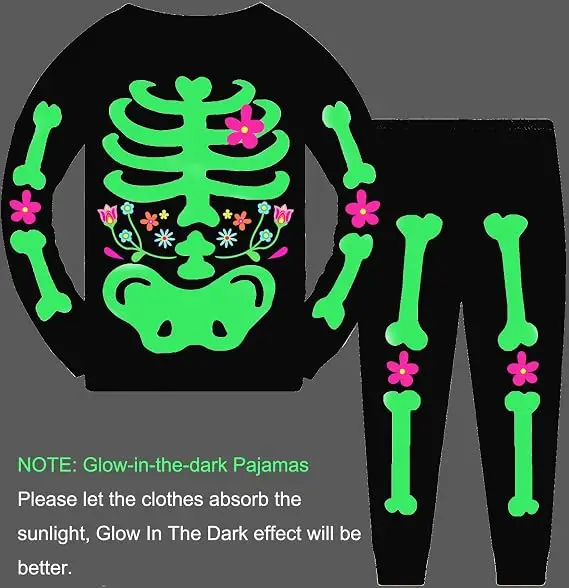 Little Hand Girls Halloween Skeleton Pajama Flower Heart Print Ribcage Bone Long Sleeve Two Piece Sleepwear for Kids 2‑7 Years