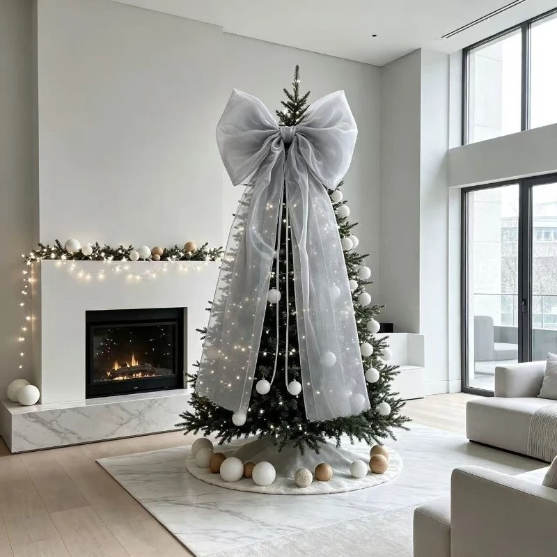 Christmas Tree Topper Bow Set 100cm 150cm 190cm - Handmade Multi-Layer Organza Bows & Ribbons, White Beige Grey Minimalist Treet