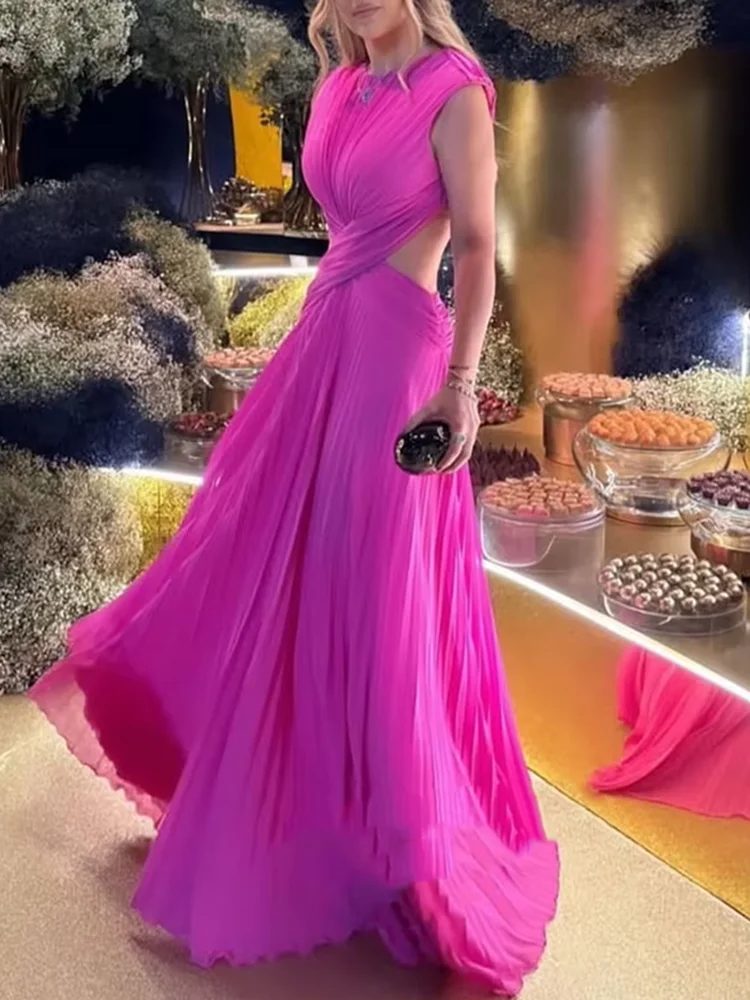 Sexy Rückenfreies Swing-Urlaubskleid Damen Mode O-Ausschnitt Gekreuztes Plissiertes Partykleid Lässiges Ärmelloses Schlankes Brautjungfernkleid