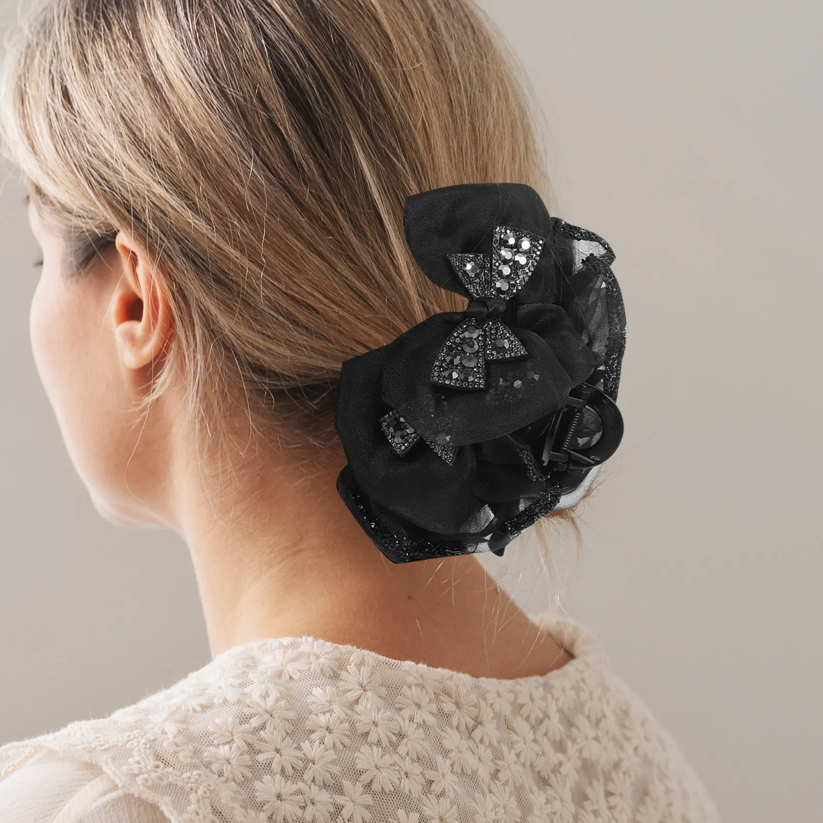 Vintage Tulle Bow Hair Claw Clip with Sparkling Rhinestones Non Slip Grip for Gothic Halloween Party Updo Chignon Bun Styling