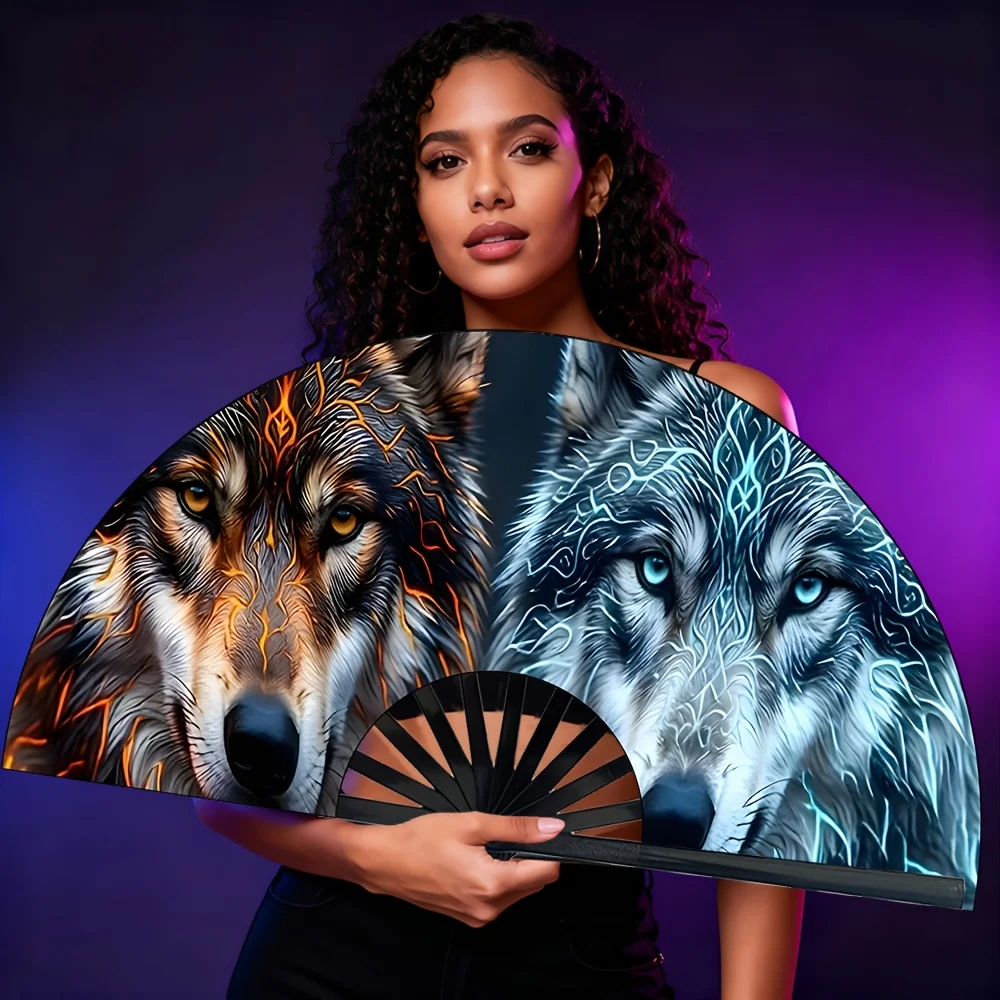 Ice And Fire Double Wolf Totem Printed Folding Fan, with A Dark And Domineering Atmosphere, Handheld Fan. Suitable for Daily Use And Outdoor Activities, Summer Cooling Fan, Fashionable Accessory.