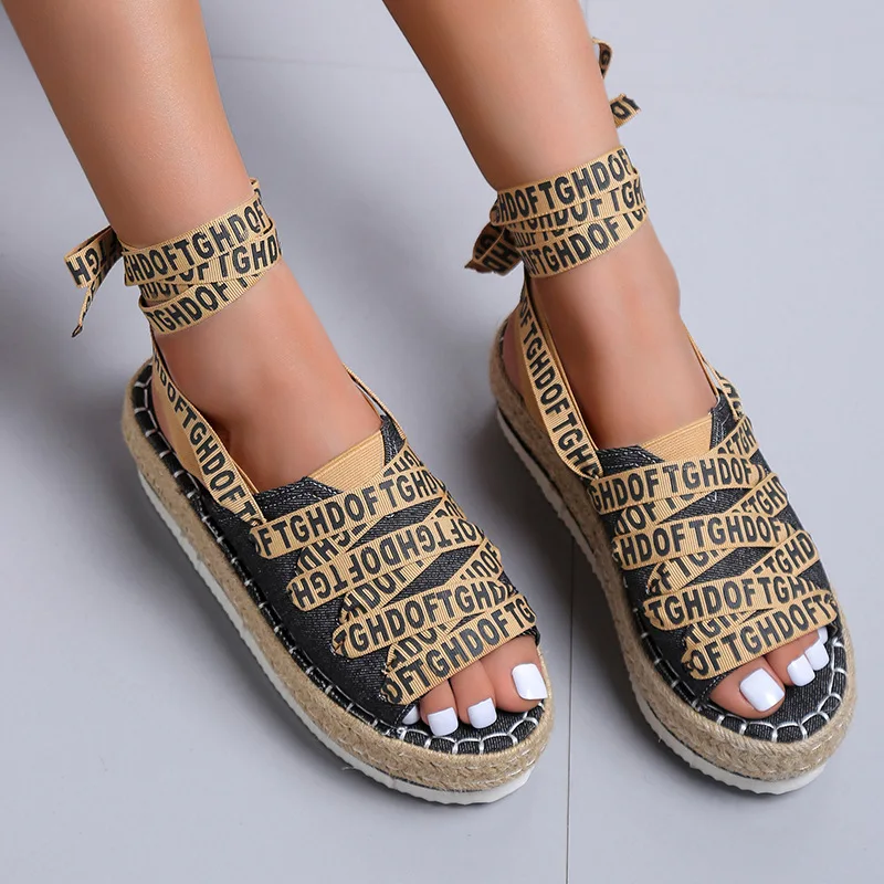 

Letters Ankle Straps Sandały Damskie Thick Sole Huaraches Cross-Tied Tacones Peep Toe Chaussures Roman Sandals Women Netural New