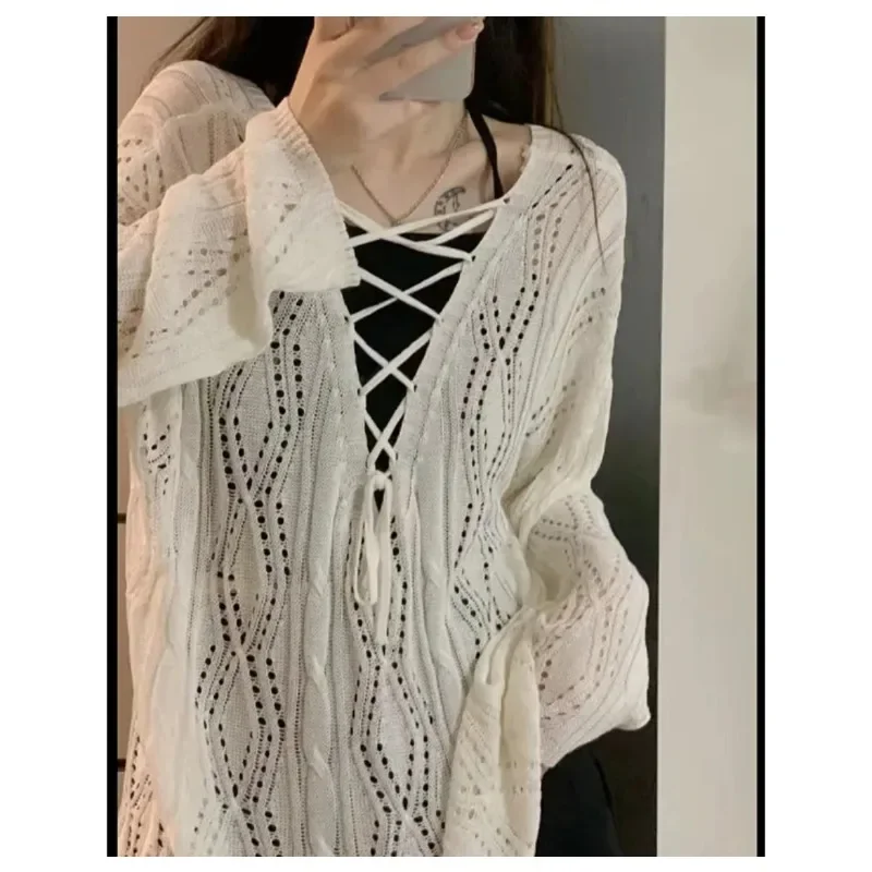 

Hollow Out Knitted Sweater for Women Summer Thin Sueter Mujer Deep V-neck Backless Y2k Tops Casual Bandage Oversized Pullovers