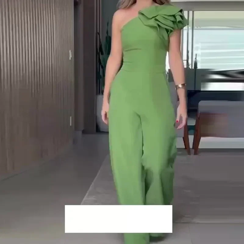 

Summer New Fashion Ruffles Sling Collar Waist Solid Color Wide Leg Jumpsuit for Women Loose Fashion Jumpsuits Pants Sleeveless