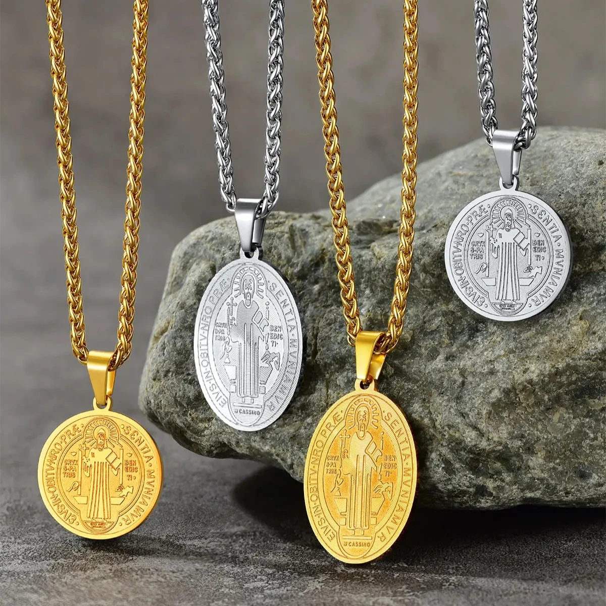 U7 Saint Benedict Necklaces Round Oval Medal Stainless Steel Pendant 22" Chain Religious Catholic Protection Amulet Jewelry Gift - view 5