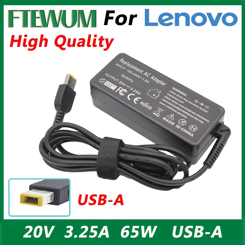 แหล่งจ่ายไฟของโน้ตบุ๊ค20V 3.25A 65W อะแดปเตอร์แปลงไฟ USB AC ที่ชาร์จสำหรับ Lenovo ThinkPad X301S X230S G500 G405 X1คาร์บอน E431 E531