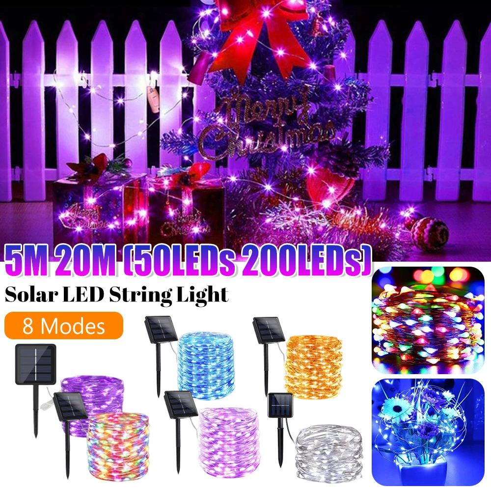 

5M 20M Solar Power Fairy String Lights Waterproof Copper Wire Light Strings for Christmas Party Garland Outdoor Garden Wedding