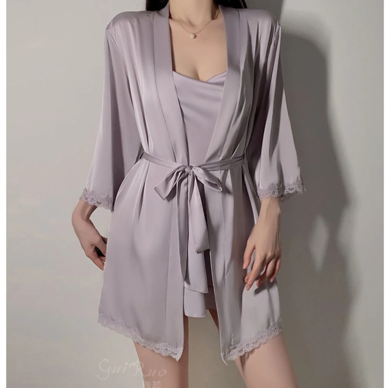 2026 New Comfortable Silky Satin Sexy Swinging Collar Women's Suspender Nightdress Robe Loungewear Set Smooth and Soft Underwear