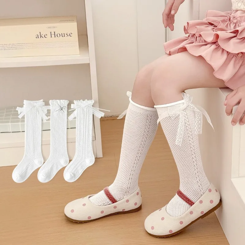 Toddler Girls Lace Bow Knee High Socks, Cotton Mesh Hollow Heart Socks, White Ruffle Princess Socks for Wedding Party Daily