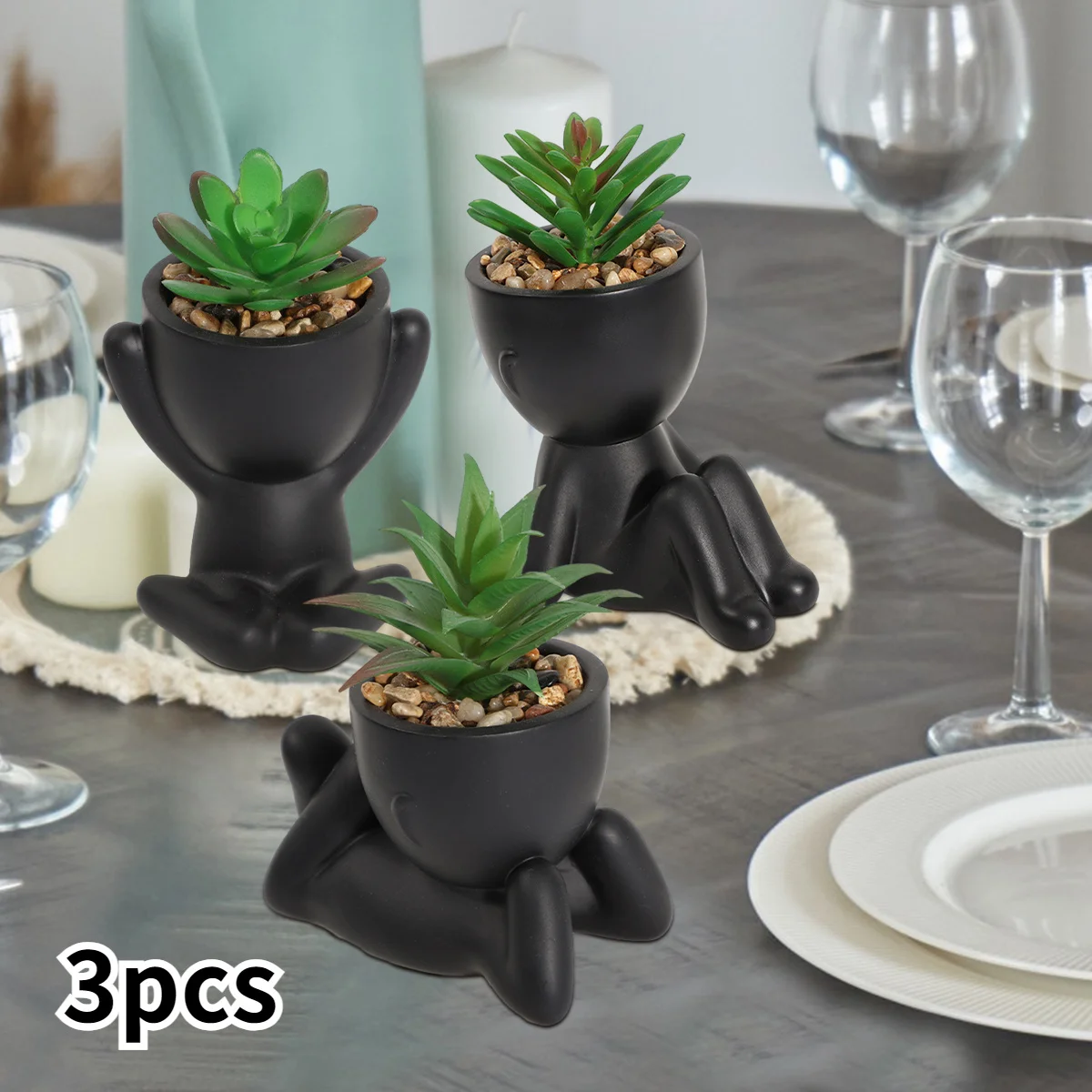 3pcs/set Artificial Aloe Vera Succulent Cartoon Pot Plant Fake Succulent Black PE Material Artificial Plants Home Decoration