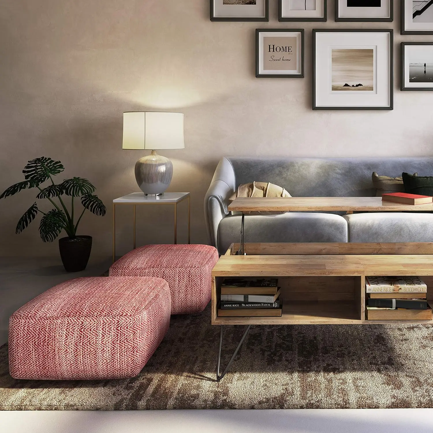 SIMPLIHOME Nate Square Pouf - 20 inch Wide Upholstered Handwoven Cotton Ottoman in Red, Boho Footstool or Extra Seating for Livi