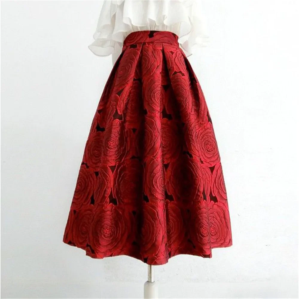 Spring Hepburn Vintage Elegant Women Red Flower Y2k Retro Floral Aesthetic Jacquard High Waist Long A-Line Pleated Skirt A354