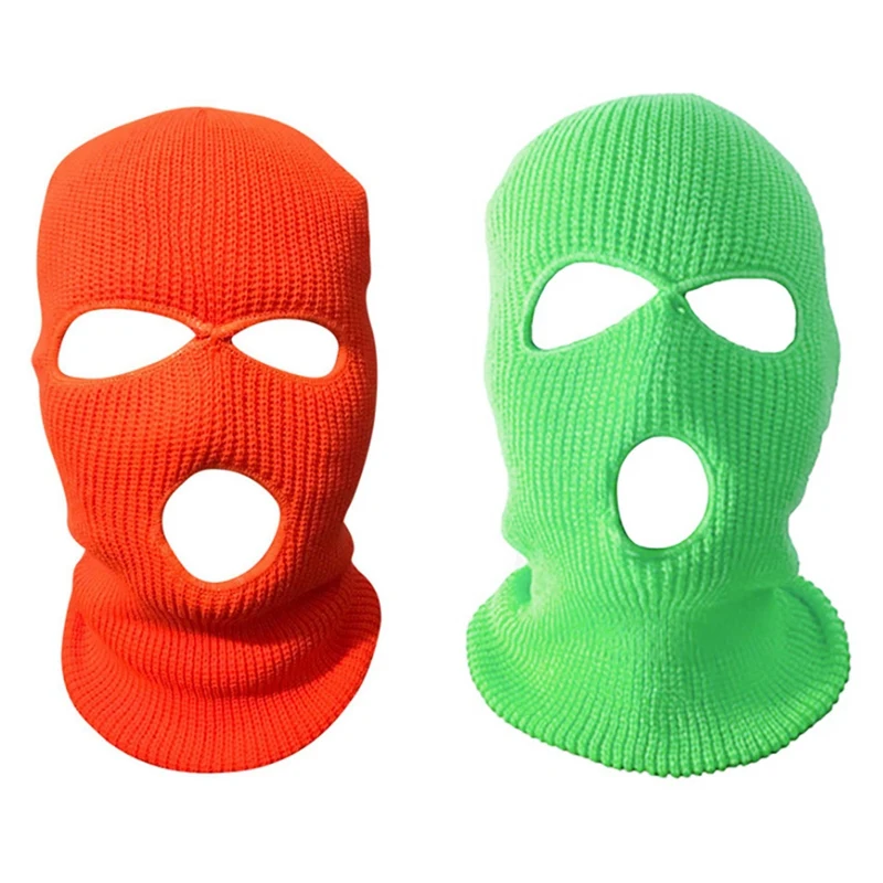 NEW-2PC Full Face Cover Ski Mask Hat 3 Holes Balaclava Windproof Knit Beanies Bonnet Winter Warm Unisex Caps, Orange & Green