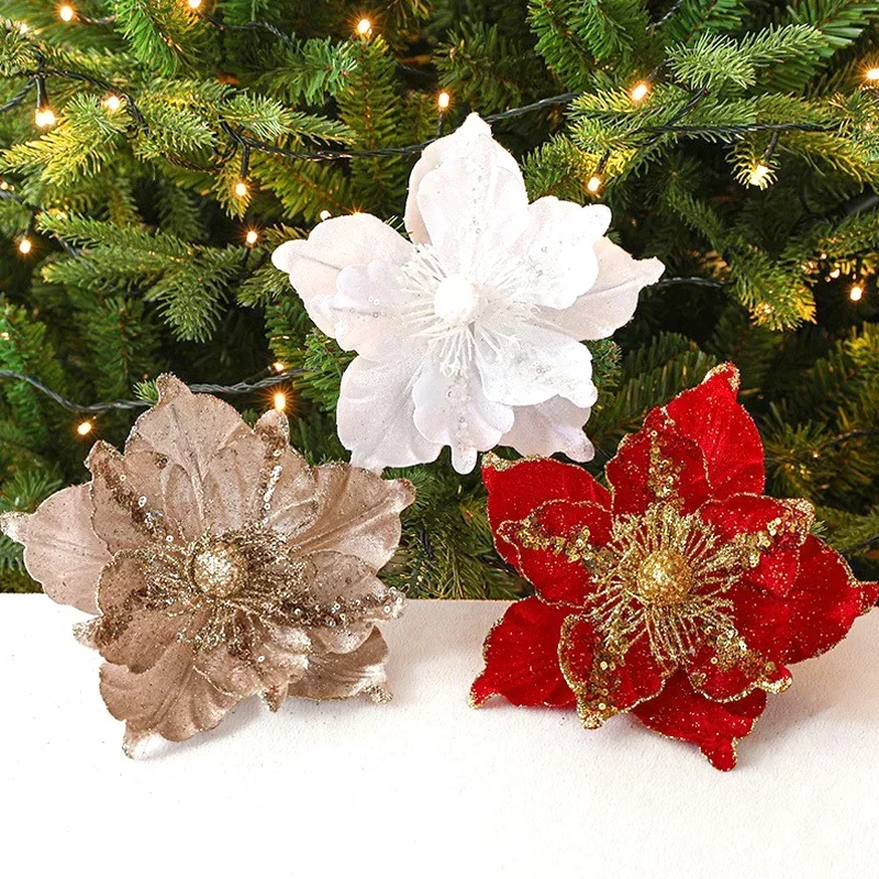 Weihnachts blumen Köpfe Weihnachts baums chmuck für Zuhause Glitzer künstliche Blumen Weihnachts feier Ornamente Neujahr Dekor