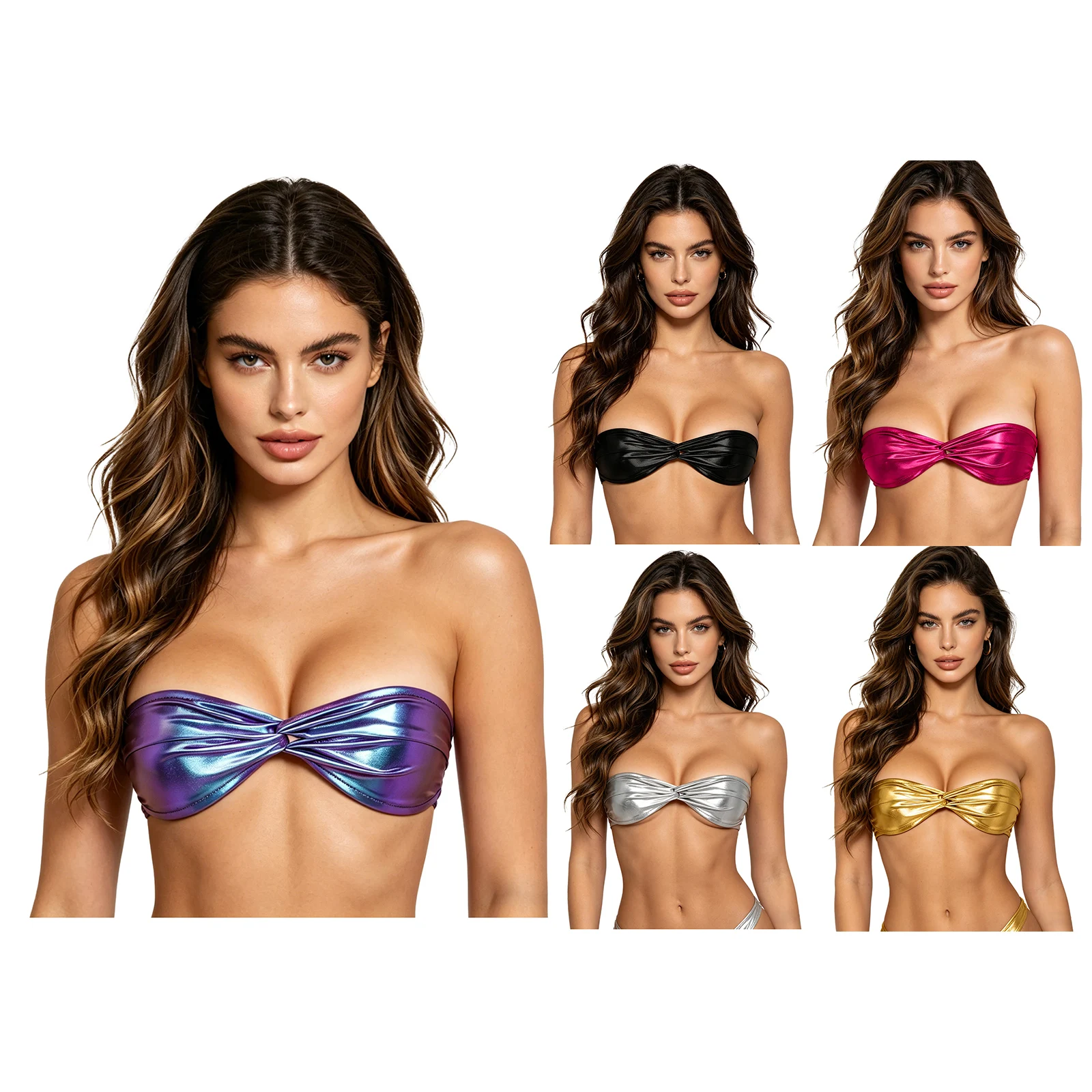 Womens Metallic Shiny Bikini Top Strapless Front Twisted Knot Back Buckle Closure Tube Bra Bathing Suit Top for Pool Beach Bar