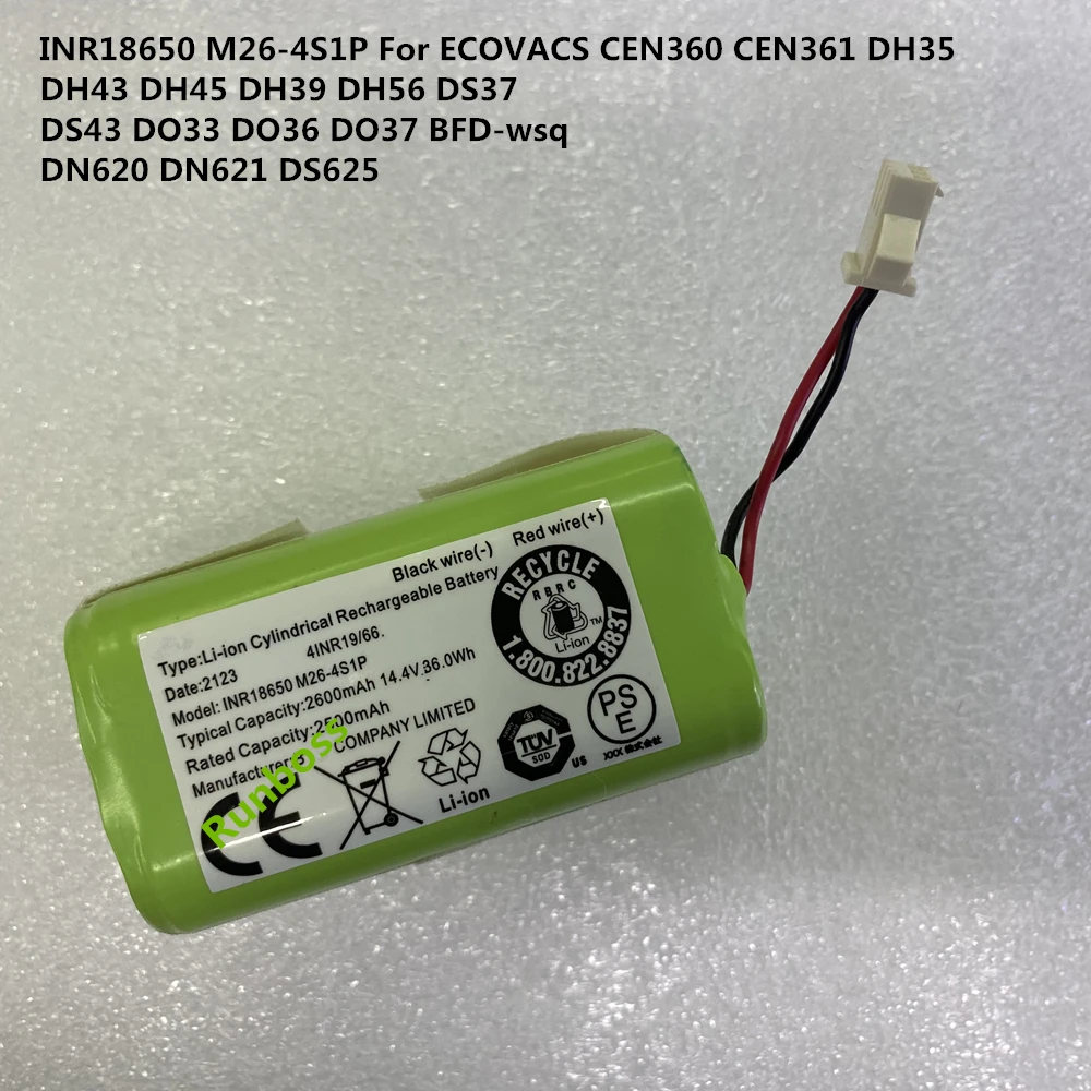 

2600mAh New Original INR18650 M26-4S1P For ECOVACS CEN360 CEN361 DH45 DS43 DN620 DN621 DS625 Robot Vacuum Cleaner Battery