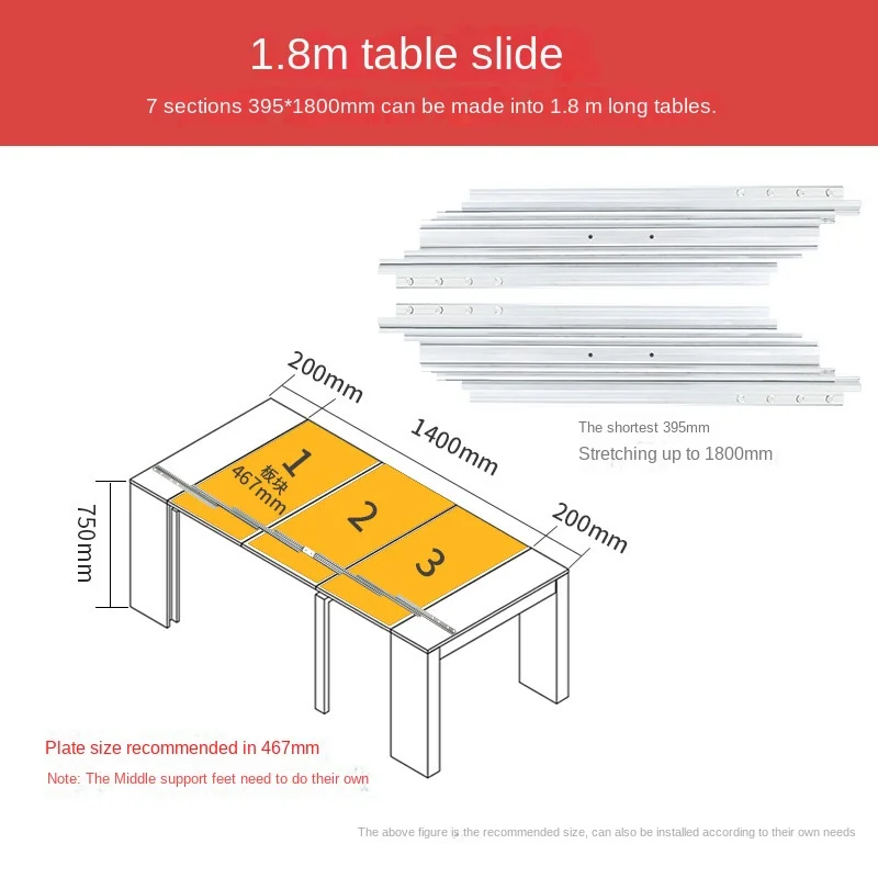 Cheap1.8/2.5M Tavolo da pranzo invisibile Binario di guida telescopico Lega di alluminio Multifunzione pieghevole Estesa Push-Pull Rai