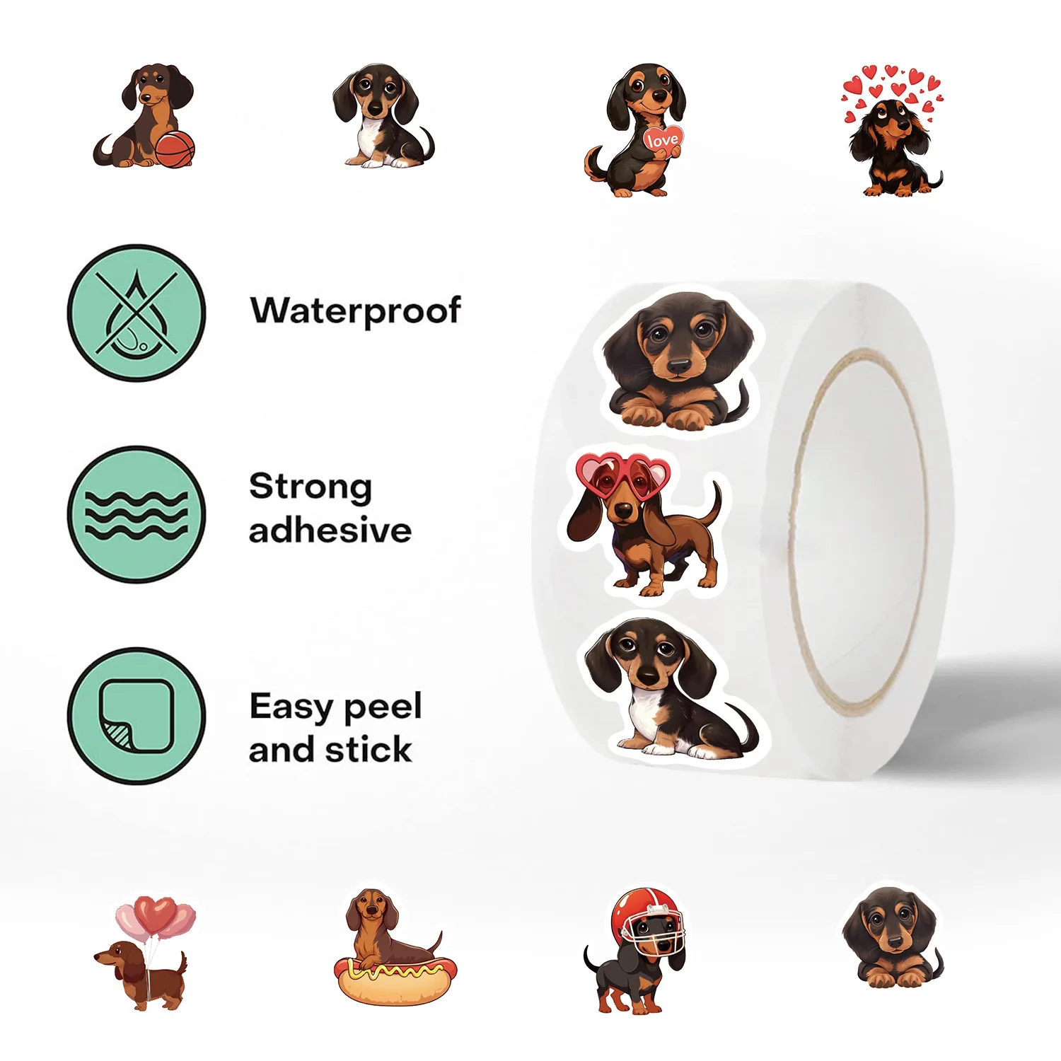 100-500pcs 10 Design Valentine Love Couple Sticker Cute Dachshund Dog Heart Sticky Seal label for Gift Box Decoration Waterproof
