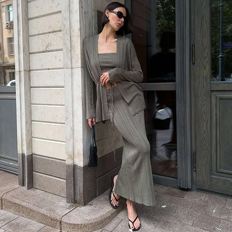 

Tornova Тонкий однотонный свитер, комплект из 3 предметов, женский вязаный кардиган на шнуровке, топ на бретельках, сексуальная элегантная длинная юбка, осенний вязаный костюм 2025 г.