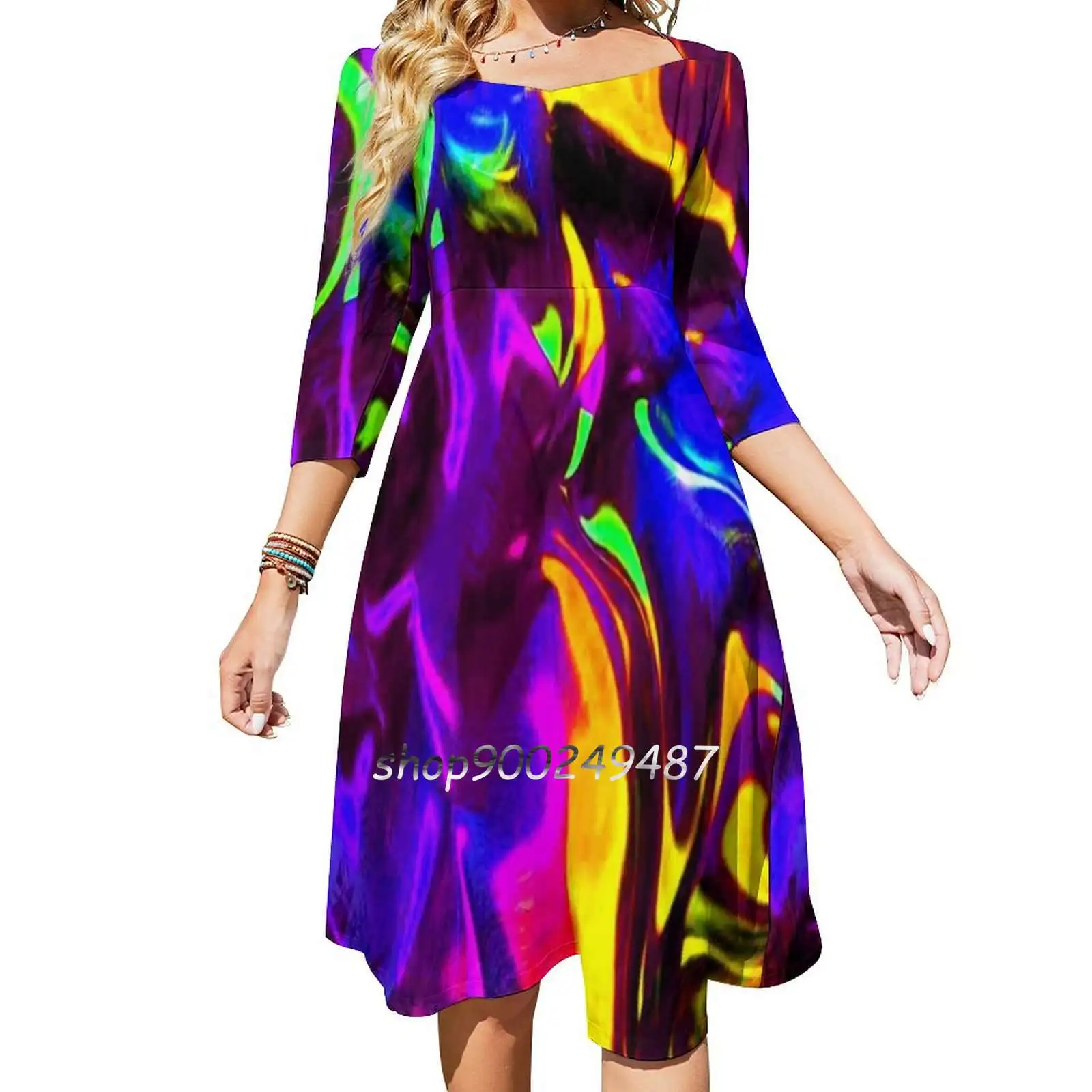 Rave Rainbow Of Glow Stick Fire Flare Dress Square Neck Dress Elegant Female Fashion Printed Dress Rave Party Neon Florescent