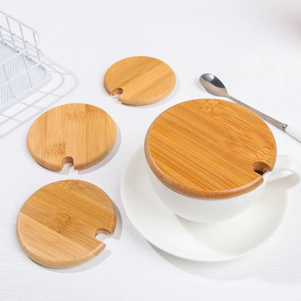 Various Sizes Wood Lid With Spoon Hole Wooden Lids Mason Jar Cap Can Mug Cover Seasoning Bottle Kitchen Organization