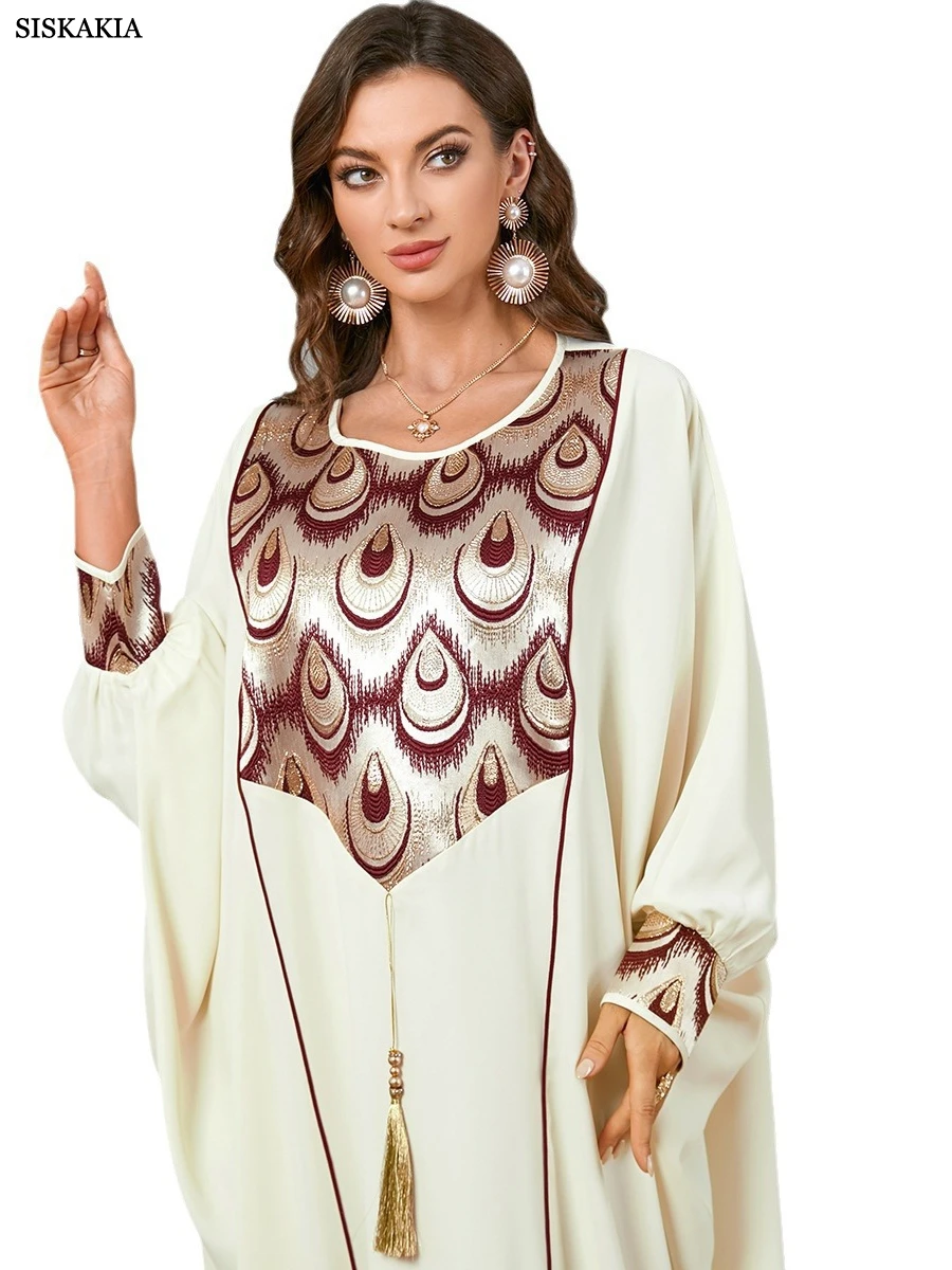 Siskakai Islam Eid Women Modest White Batwing Sleeve Jacquard Casual Dress Moroccan Saudi Women Abaya Turkish African Kaftan