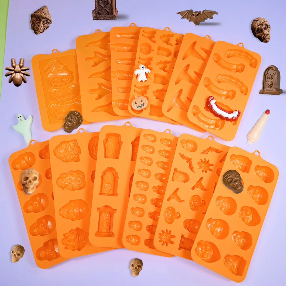 Halloween Molds Skull Pumpkin Chocolate Silicone Mold Witch Ghost Design Fudge Cake mould Dessert Decorating Baking Tools