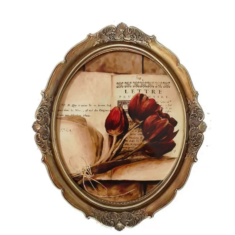 Retro French relief resin photo frame round picture frame table customization high-end light luxury glass hanging painting mural