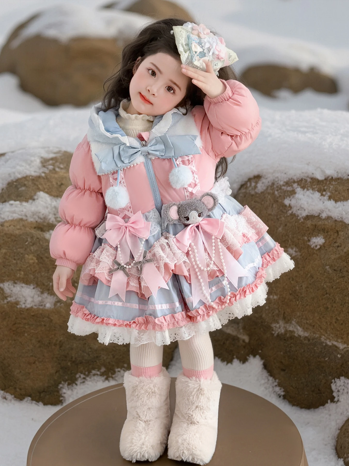 

Зимняя удлиненная теплая куртка для девочек в стиле Лолита, с мультяшным принтом, модная детская верхняя одежда