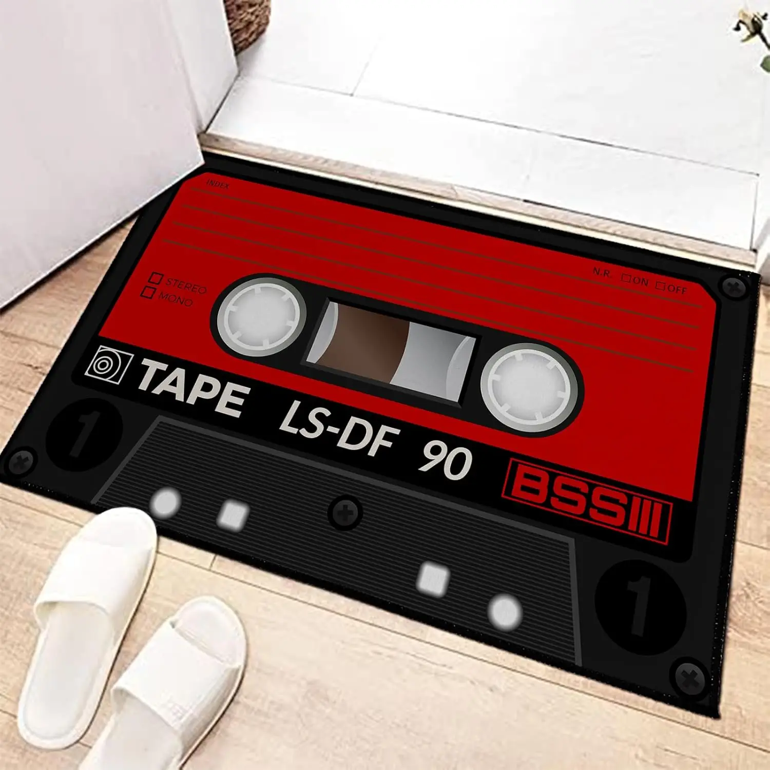 KeepCute Retro Audio Cassette Tape Rug Non Slip Floor Mat Red Black Vintage Music Design Carpet for Living Room Bedroom