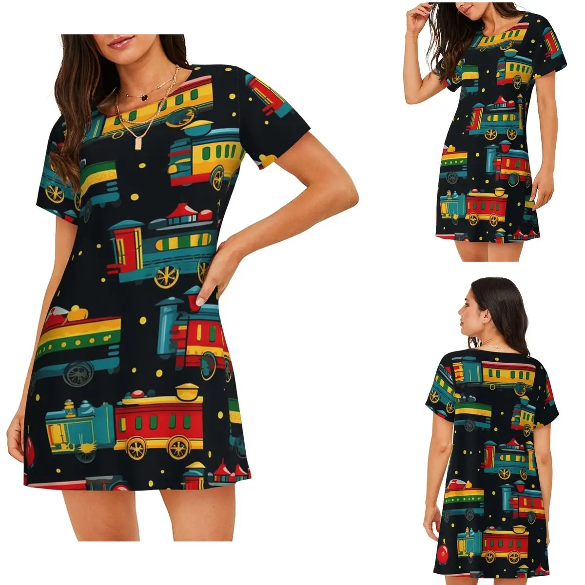 Custom Cartoon Train Models Display Design Short Sleeves Nightdress For Sleeping Women Short Sleeve Nightgowns Soft Pajama Dress