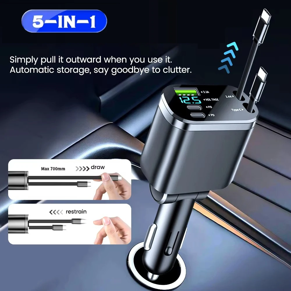 5-IN-1 einziehbares Autoladegerät USB-C-Kabel für iPhone Huawei Samsung Fast Charge Zigarettenanzünder-Adapter PD QC3.0 12V-24V