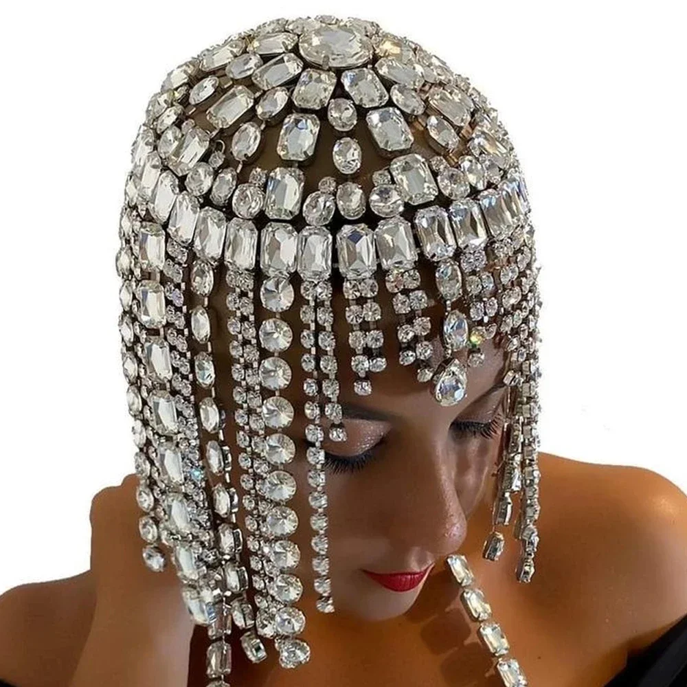 Luxury Rhinestone Tassels Headdress Fashionable Headwear Elegant Bridal Head Chain Hat Ornament Embellished Accessory for Head